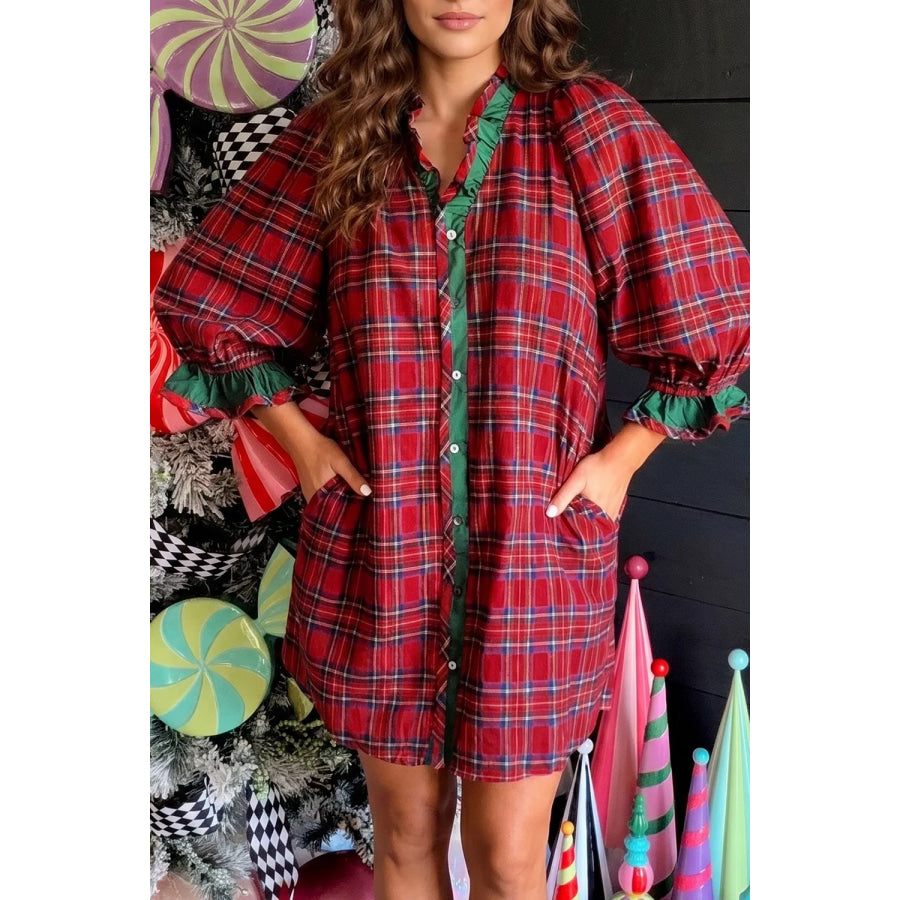 Plaid Ruffle Cuff Button Front Pocket Mini Dress Apparel and Accessories