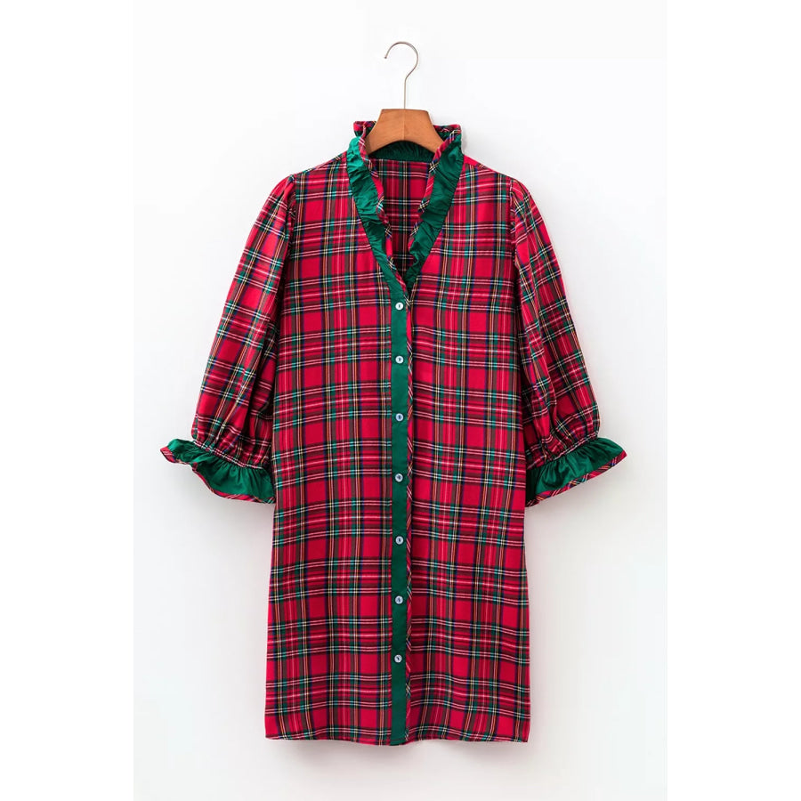 Plaid Ruffle Cuff Button Front Pocket Mini Dress Apparel and Accessories