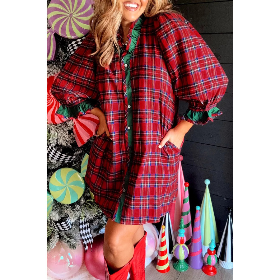 Plaid Ruffle Cuff Button Front Pocket Mini Dress Apparel and Accessories