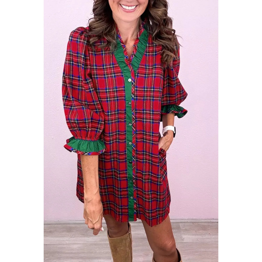 Plaid Ruffle Cuff Button Front Pocket Mini Dress Apparel and Accessories