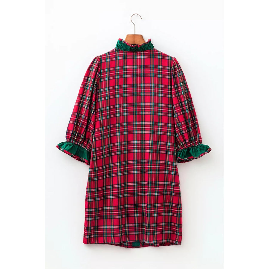 Plaid Ruffle Cuff Button Front Pocket Mini Dress Apparel and Accessories