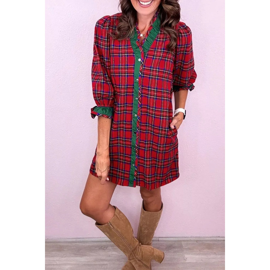 Plaid Ruffle Cuff Button Front Pocket Mini Dress Apparel and Accessories
