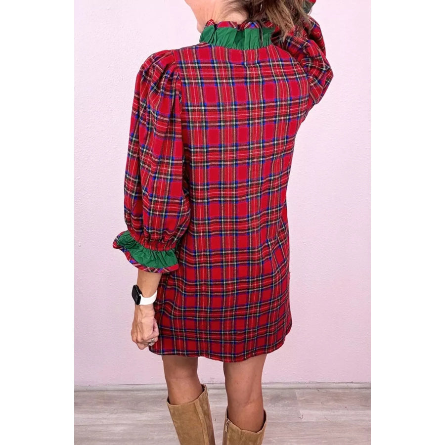 Plaid Ruffle Cuff Button Front Pocket Mini Dress Apparel and Accessories