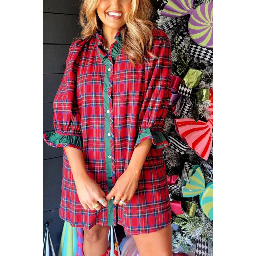 Plaid Ruffle Cuff Button Front Pocket Mini Dress Deep Red / S Apparel and Accessories