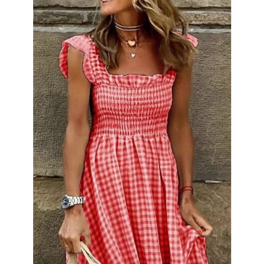 Plaid Ruffle Sleeve Maxi Dress Apparel and Accessories
