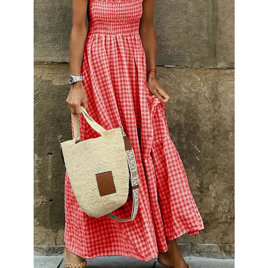 Plaid Ruffle Sleeve Maxi Dress Apparel and Accessories