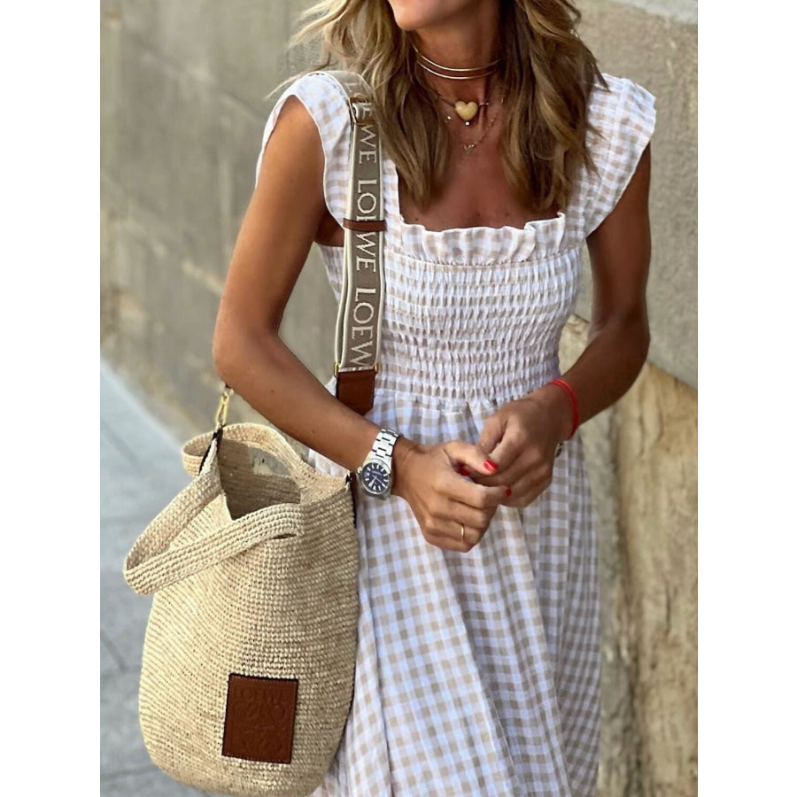 Plaid Ruffle Sleeve Maxi Dress Apparel and Accessories