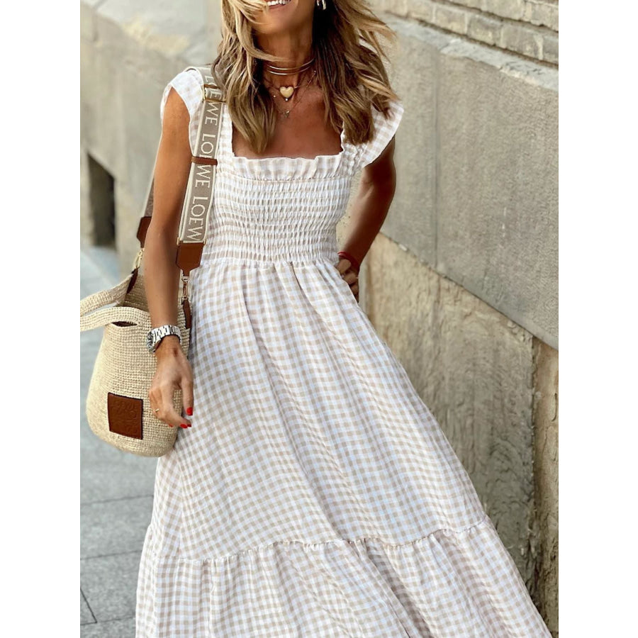 Plaid Ruffle Sleeve Maxi Dress Apparel and Accessories