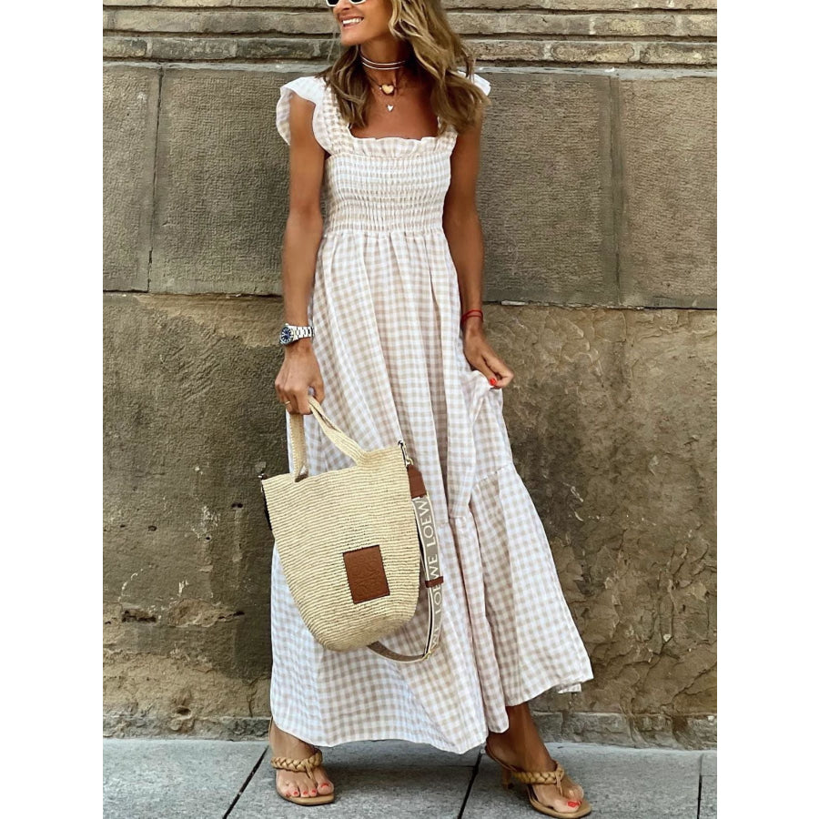 Plaid Ruffle Sleeve Maxi Dress Beige / S Apparel and Accessories