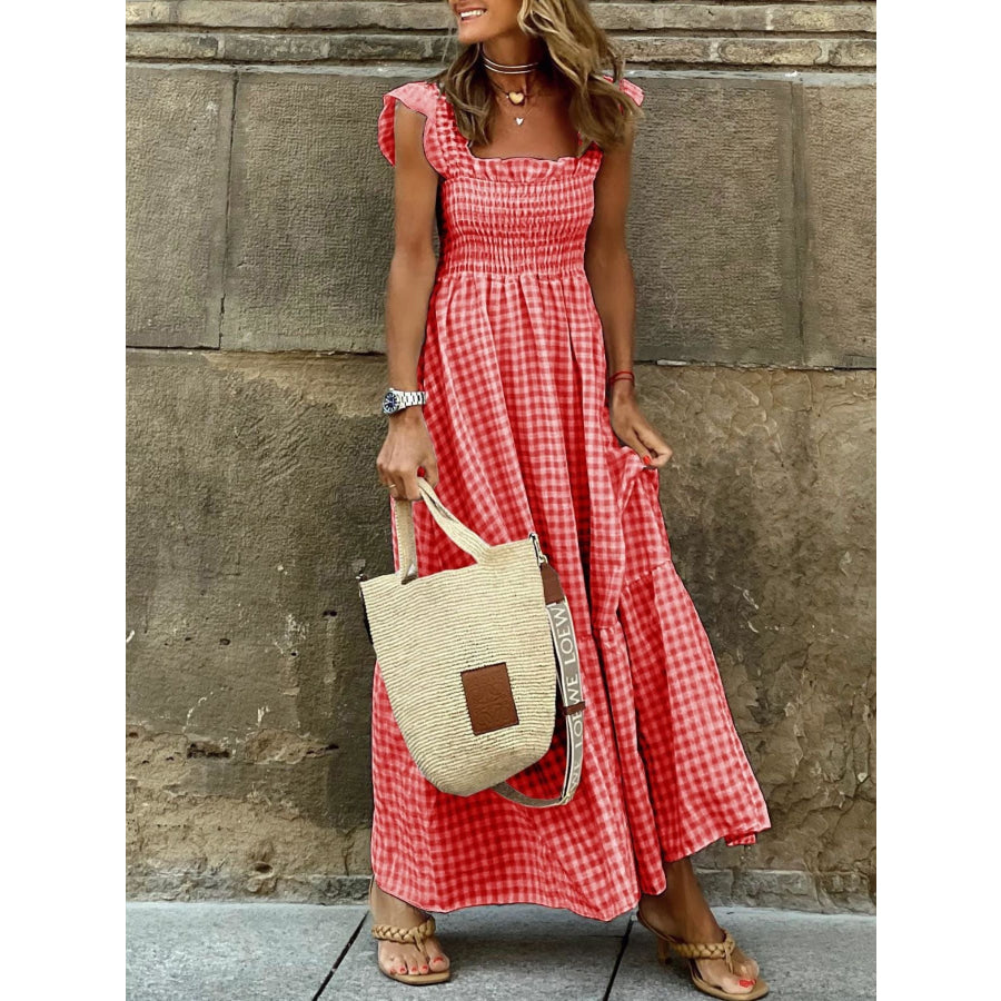 Plaid Ruffle Sleeve Maxi Dress Burnt Coral / S Apparel and Accessories