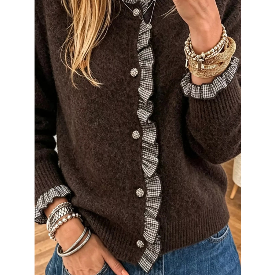 Plaid Ruffle Trim Patchwork Button Sweater Cardigan Apparel and Accessories