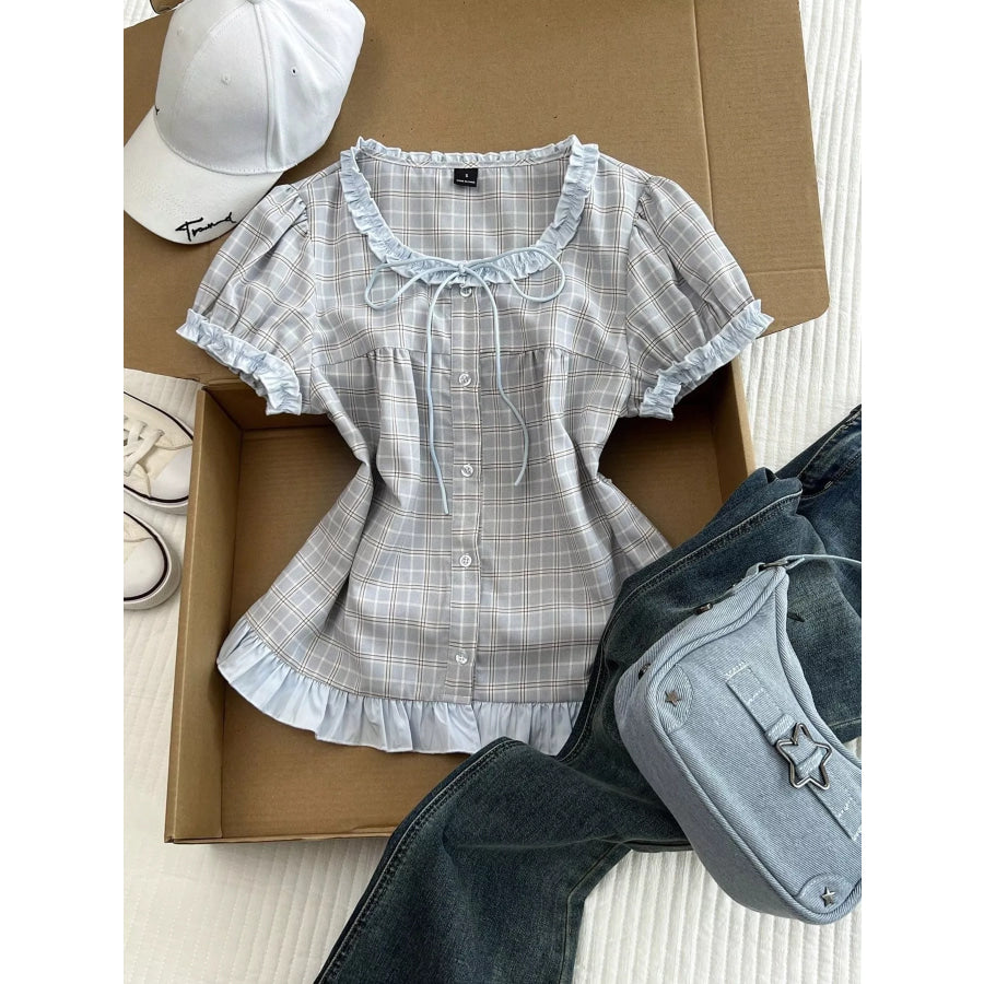 Plaid Ruffle Trim Puff Sleeve Blouse Apparel and Accessories