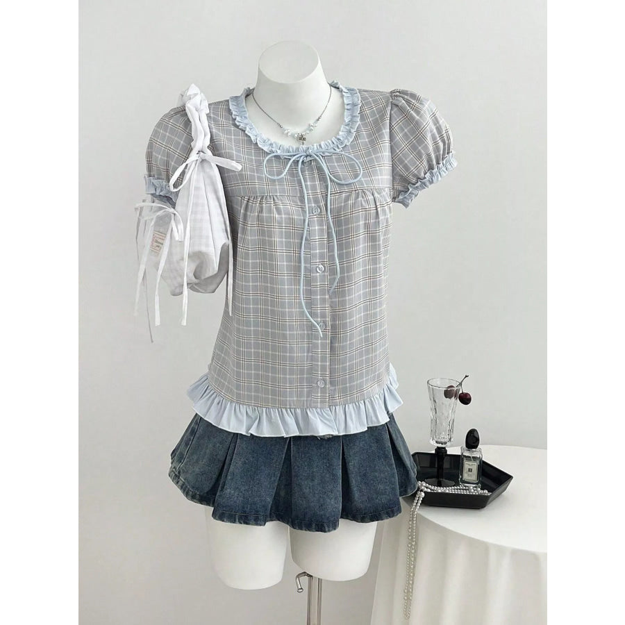 Plaid Ruffle Trim Puff Sleeve Blouse Apparel and Accessories