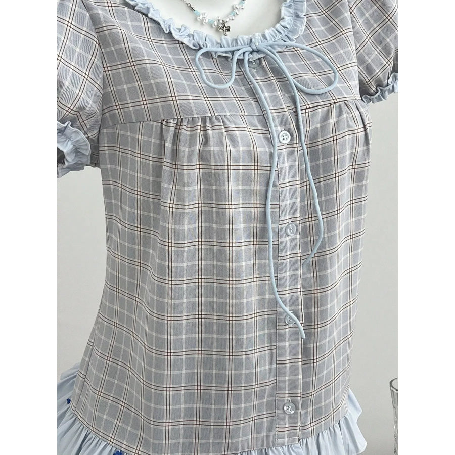 Plaid Ruffle Trim Puff Sleeve Blouse Apparel and Accessories
