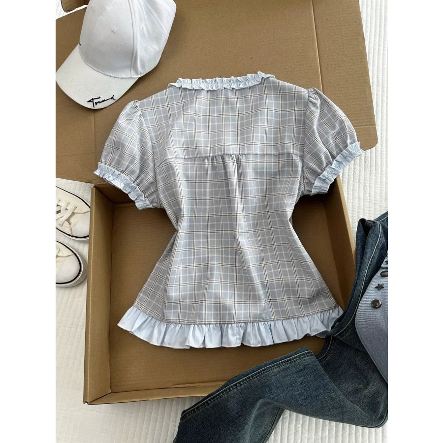 Plaid Ruffle Trim Puff Sleeve Blouse Apparel and Accessories