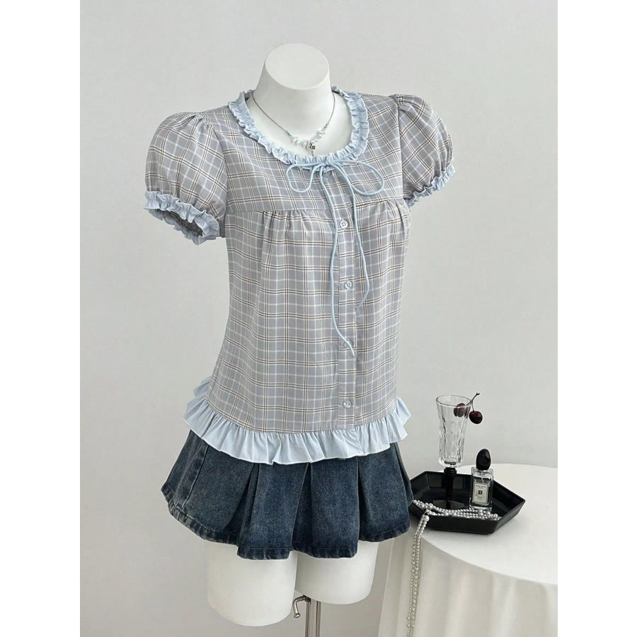 Plaid Ruffle Trim Puff Sleeve Blouse Blue / S Apparel and Accessories