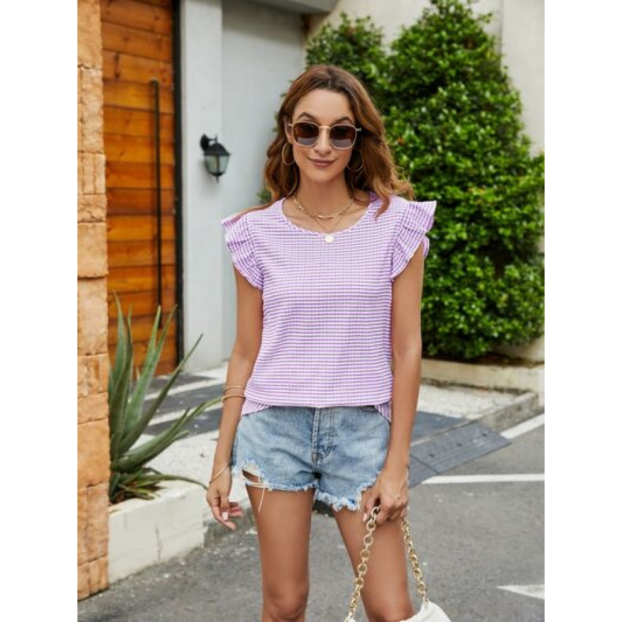 Plaid Ruffled Round Neck Cap Sleeve T-Shirt Apparel and Accessories