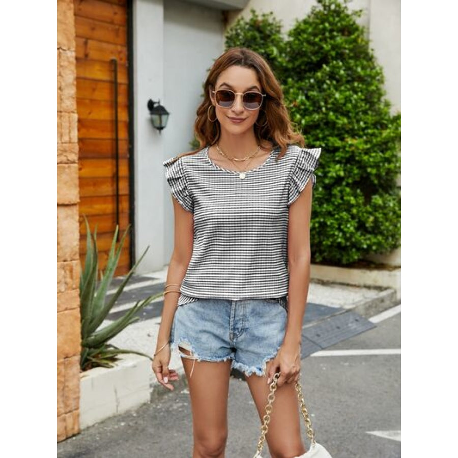 Plaid Ruffled Round Neck Cap Sleeve T-Shirt Apparel and Accessories