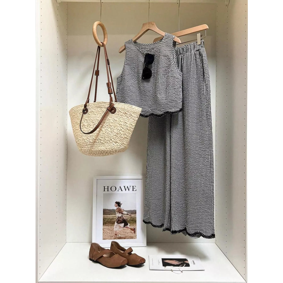 Plaid Scalloped Trim Tank and Pants Set Apparel and Accessories