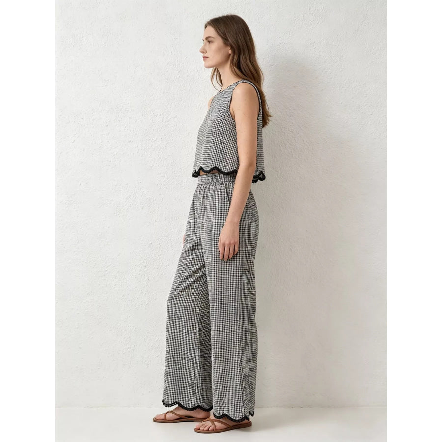 Plaid Scalloped Trim Tank and Pants Set Apparel and Accessories