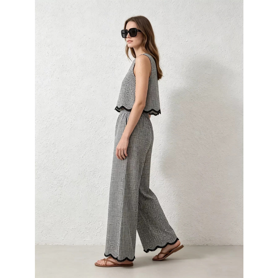 Plaid Scalloped Trim Tank and Pants Set Apparel and Accessories