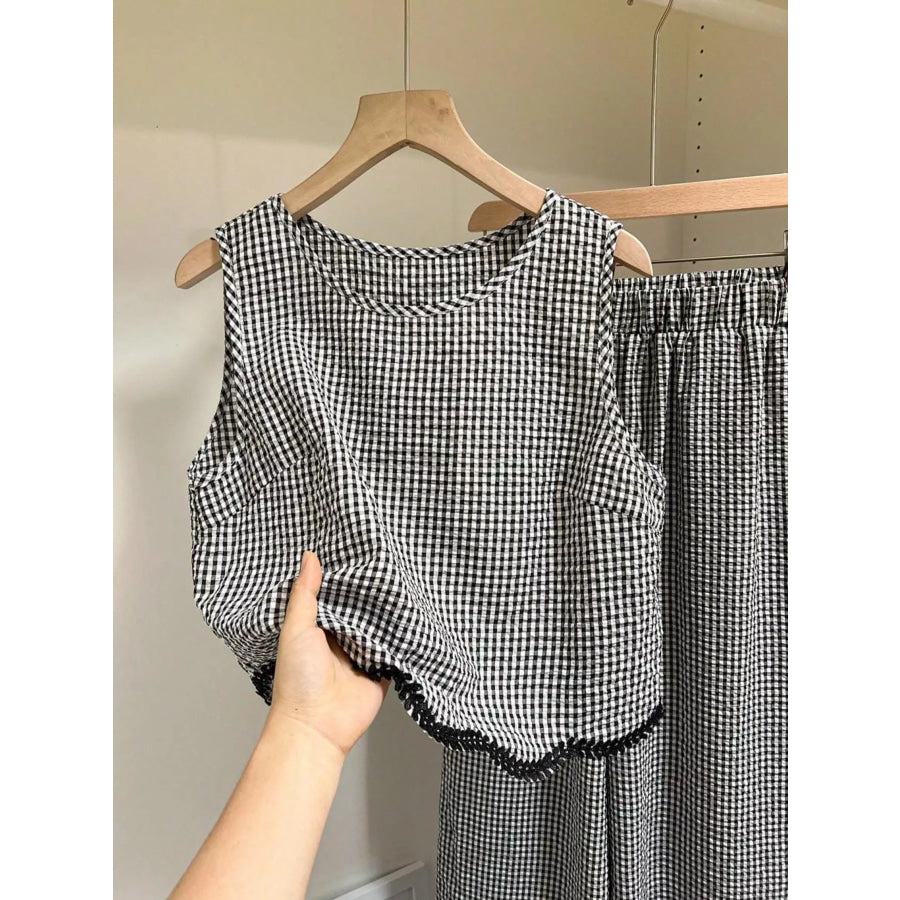 Plaid Scalloped Trim Tank and Pants Set Apparel and Accessories