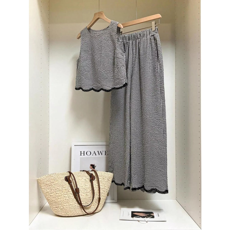 Plaid Scalloped Trim Tank and Pants Set Apparel and Accessories