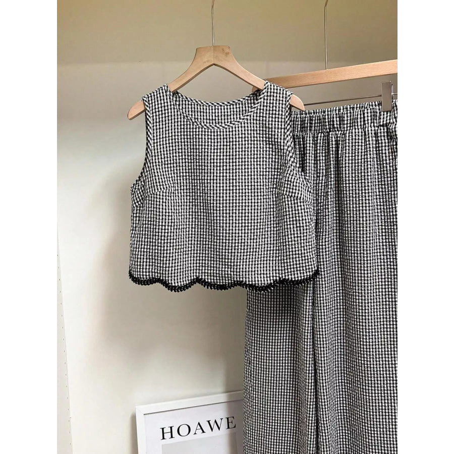 Plaid Scalloped Trim Tank and Pants Set Apparel and Accessories