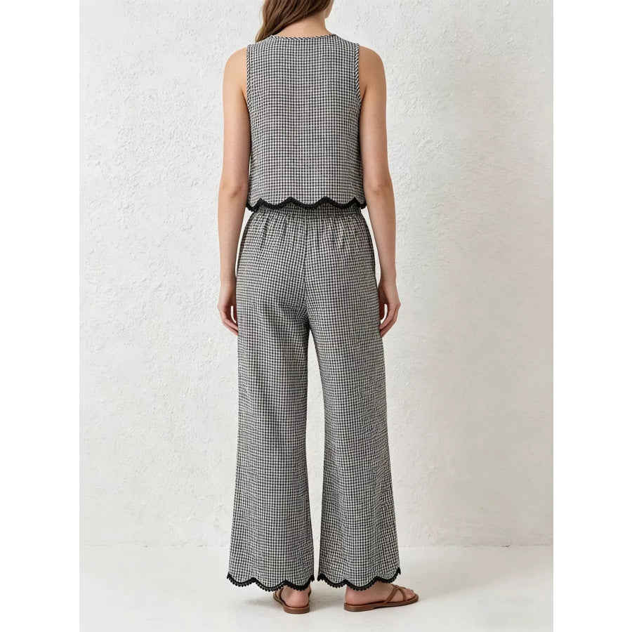Plaid Scalloped Trim Tank and Pants Set Apparel and Accessories