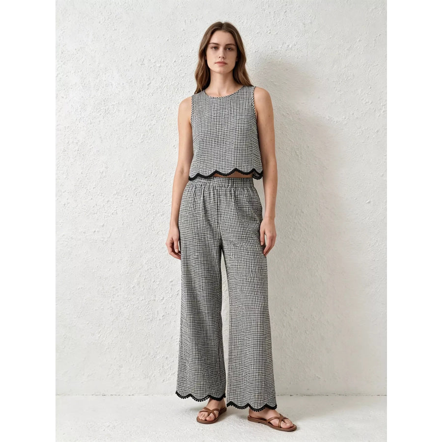 Plaid Scalloped Trim Tank and Pants Set Black / S Apparel and Accessories