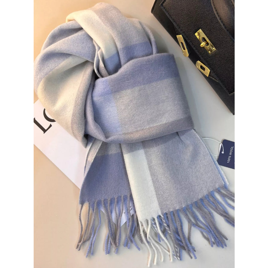 Plaid Scarf with Fringe Azure / One Size Apparel and Accessories