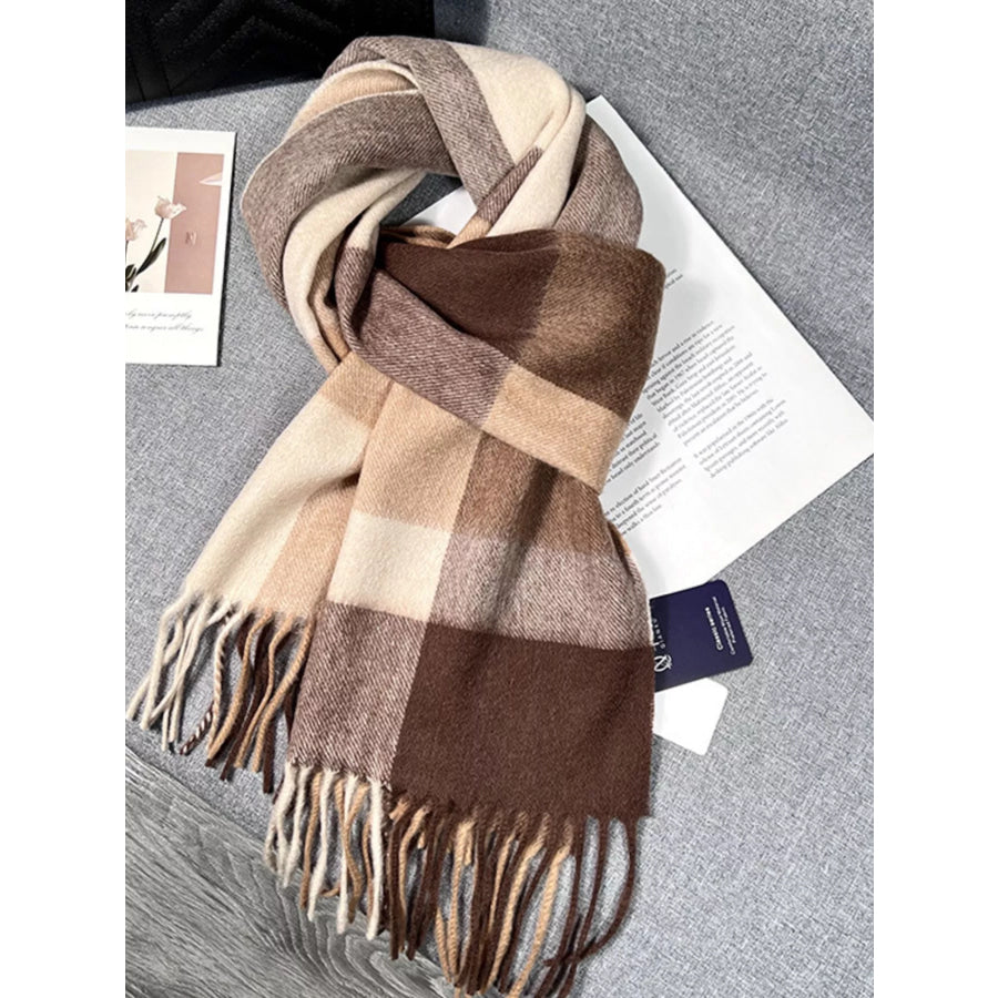 Plaid Scarf with Fringe Brown / One Size Apparel and Accessories
