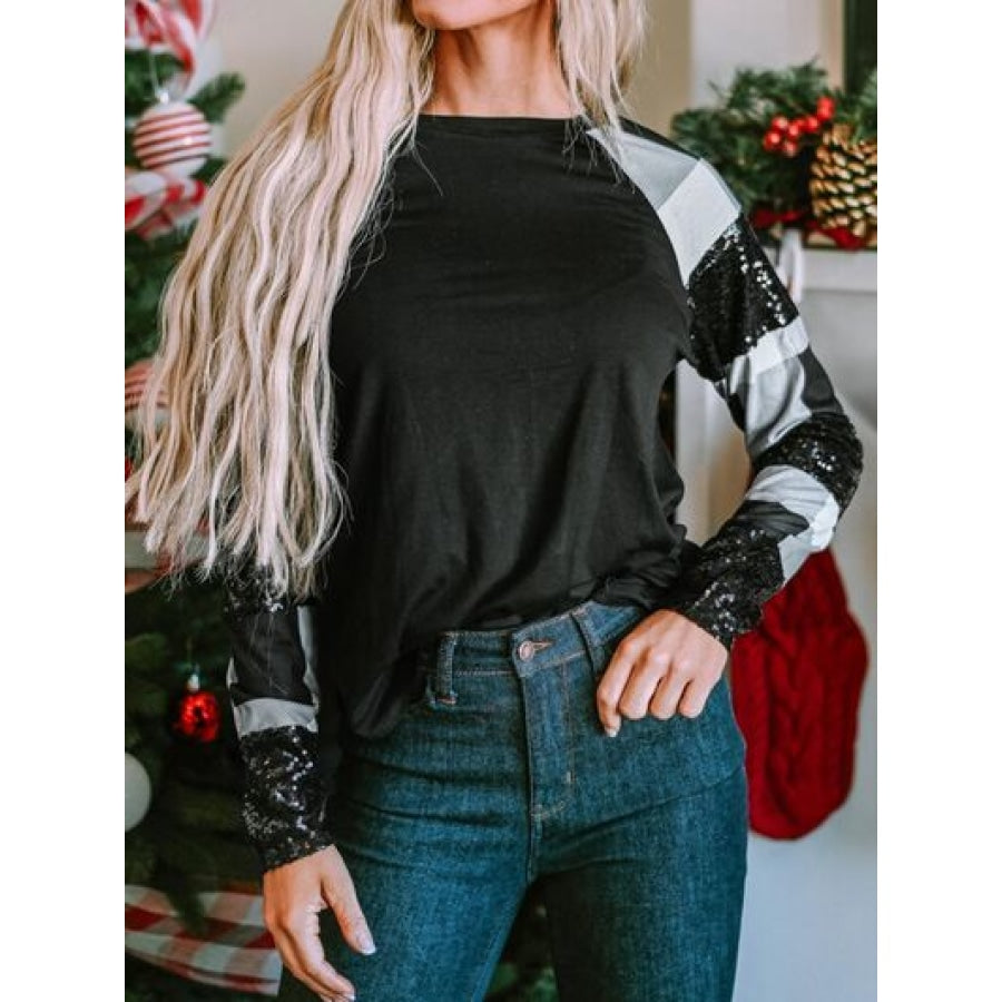 Plaid Sequin Long Sleeve Round Neck T-Shirt Black / S Clothing