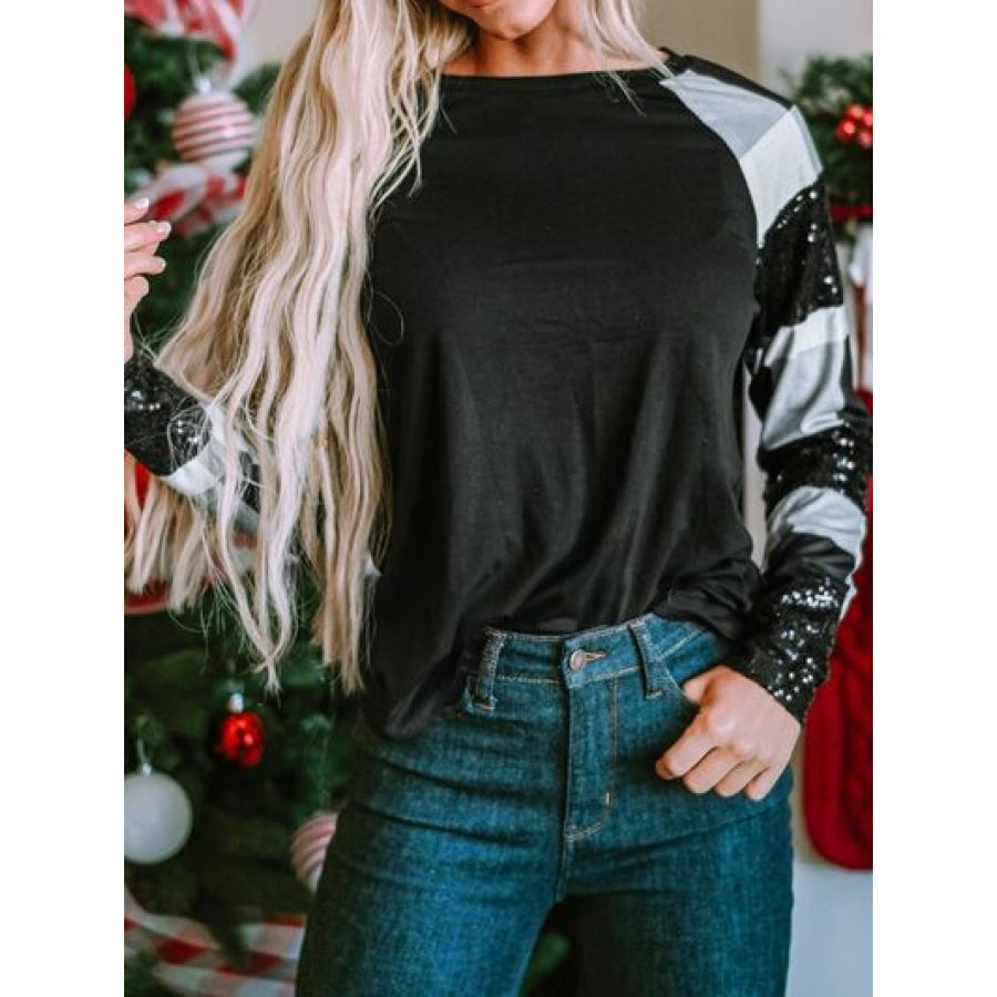 Plaid Sequin Long Sleeve Round Neck T-Shirt Clothing