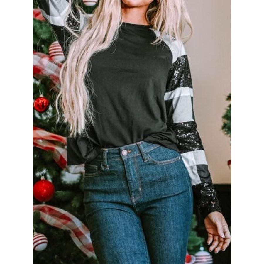 Plaid Sequin Long Sleeve Round Neck T-Shirt Clothing