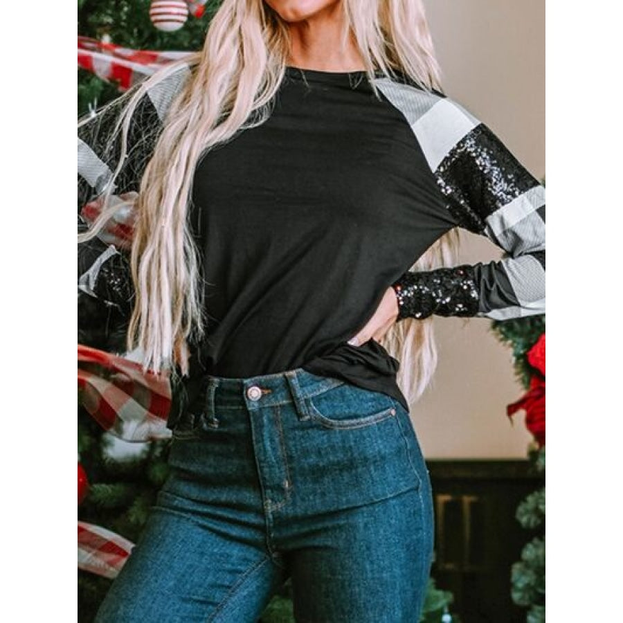 Plaid Sequin Long Sleeve Round Neck T-Shirt Clothing