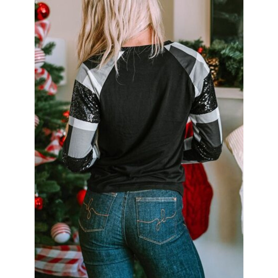 Plaid Sequin Long Sleeve Round Neck T-Shirt Clothing