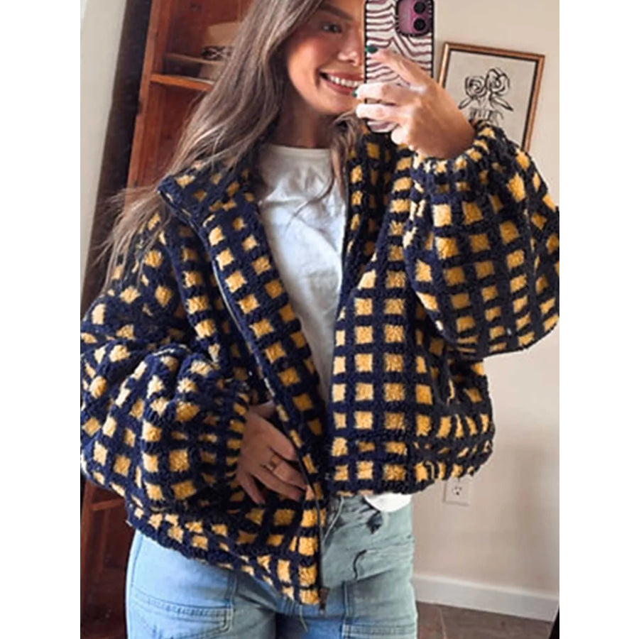 Plaid Sherpa Fleece Zip Up Jacket Apparel and Accessories