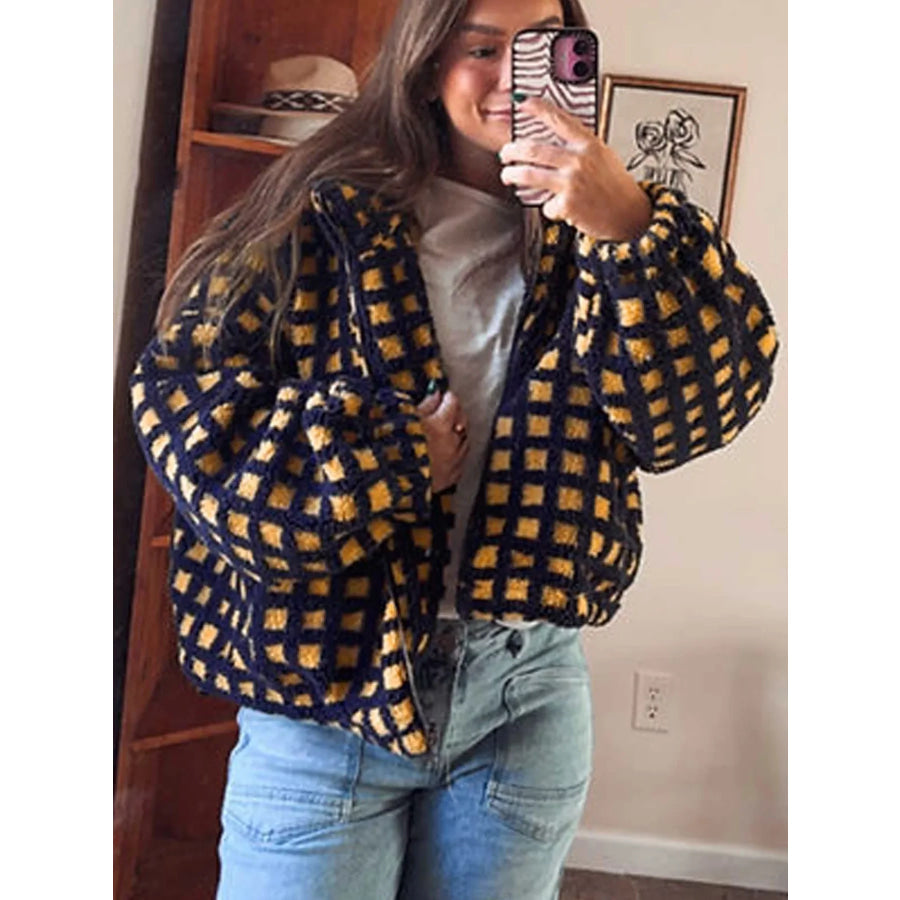 Plaid Sherpa Fleece Zip Up Jacket Black / S Apparel and Accessories