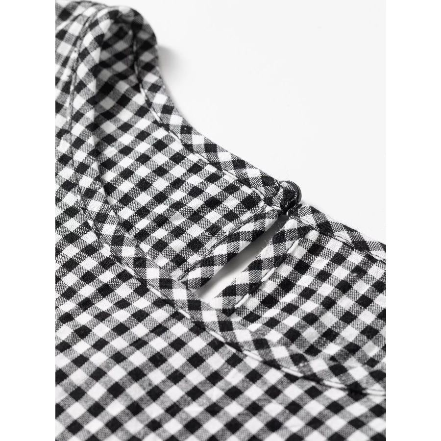 Plaid Shirred Cuff Long Sleeve Round Neck Blouse Apparel and Accessories