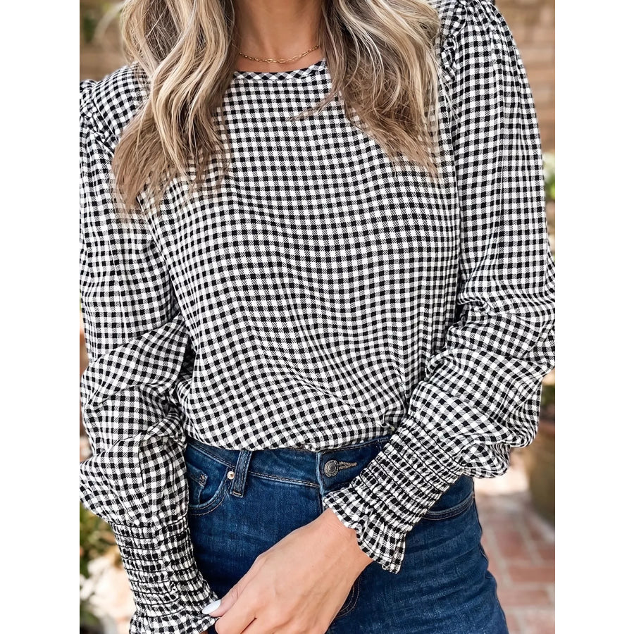 Plaid Shirred Cuff Long Sleeve Round Neck Blouse Apparel and Accessories