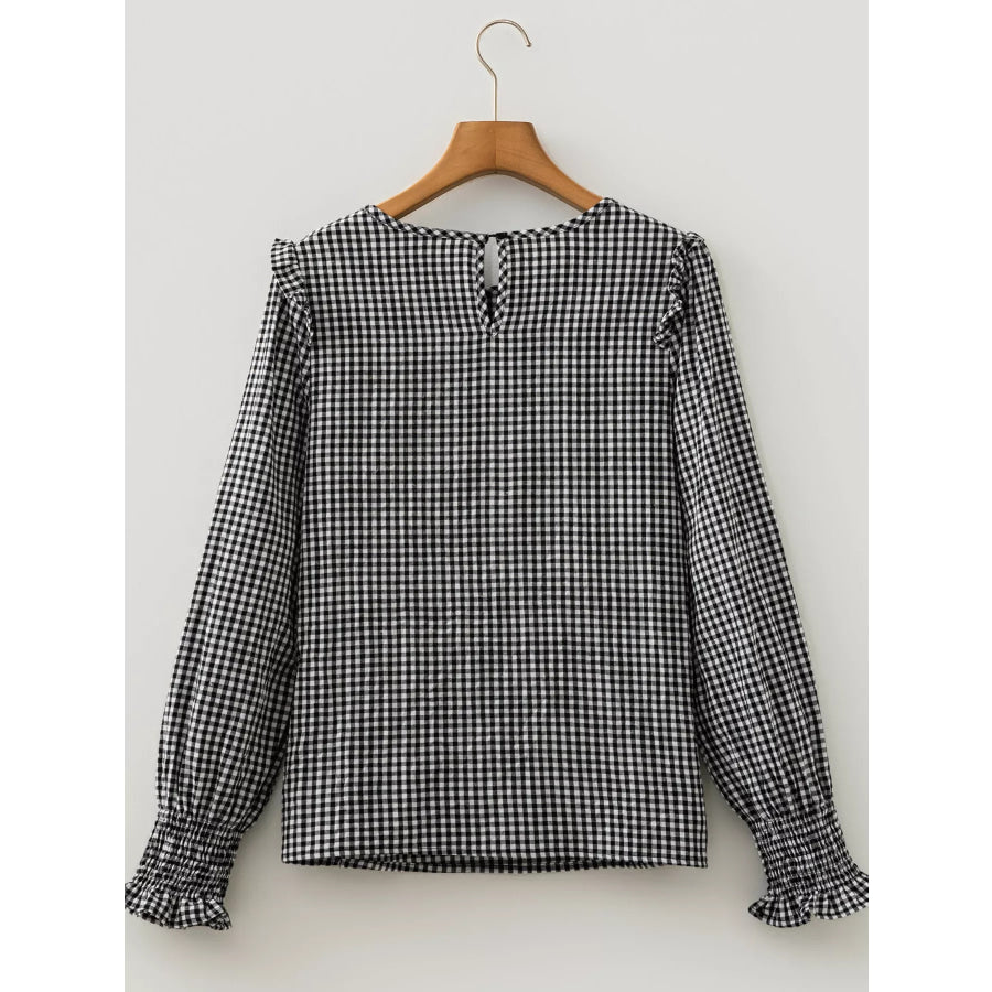 Plaid Shirred Cuff Long Sleeve Round Neck Blouse Apparel and Accessories