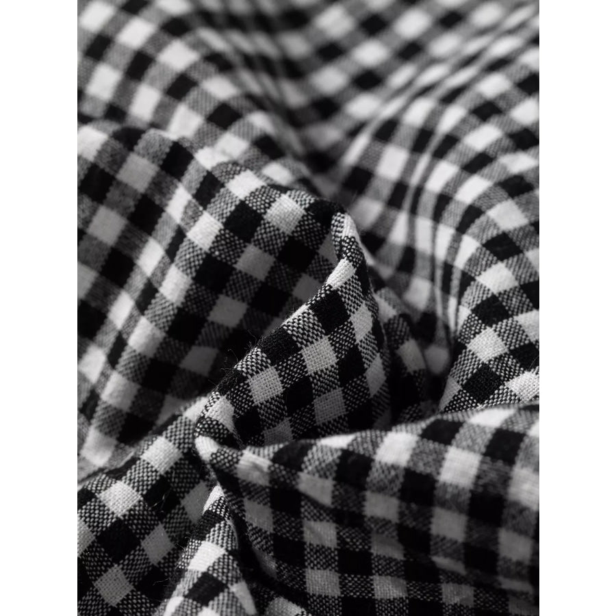 Plaid Shirred Cuff Long Sleeve Round Neck Blouse Apparel and Accessories