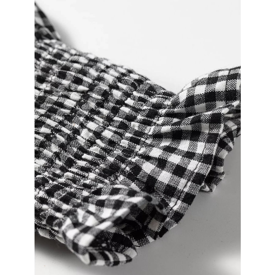 Plaid Shirred Cuff Long Sleeve Round Neck Blouse Apparel and Accessories
