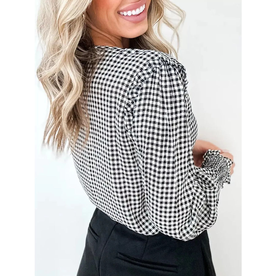 Plaid Shirred Cuff Long Sleeve Round Neck Blouse Apparel and Accessories