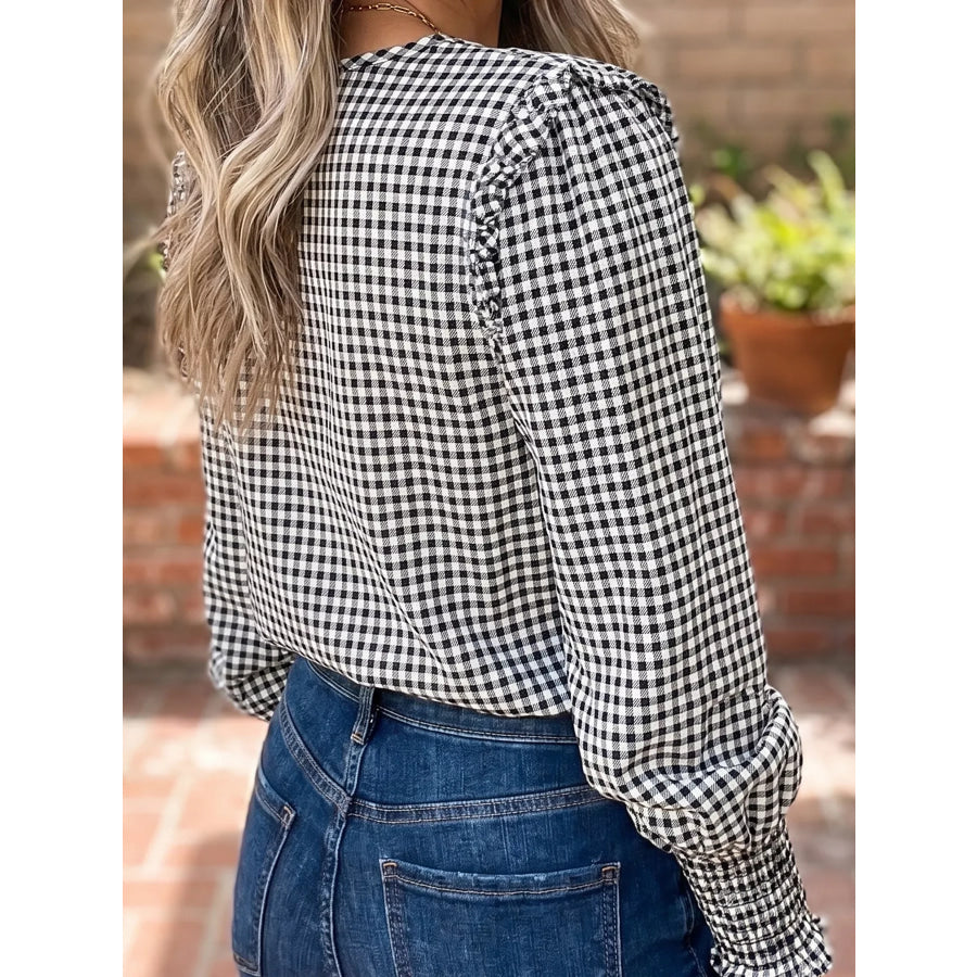 Plaid Shirred Cuff Long Sleeve Round Neck Blouse Apparel and Accessories