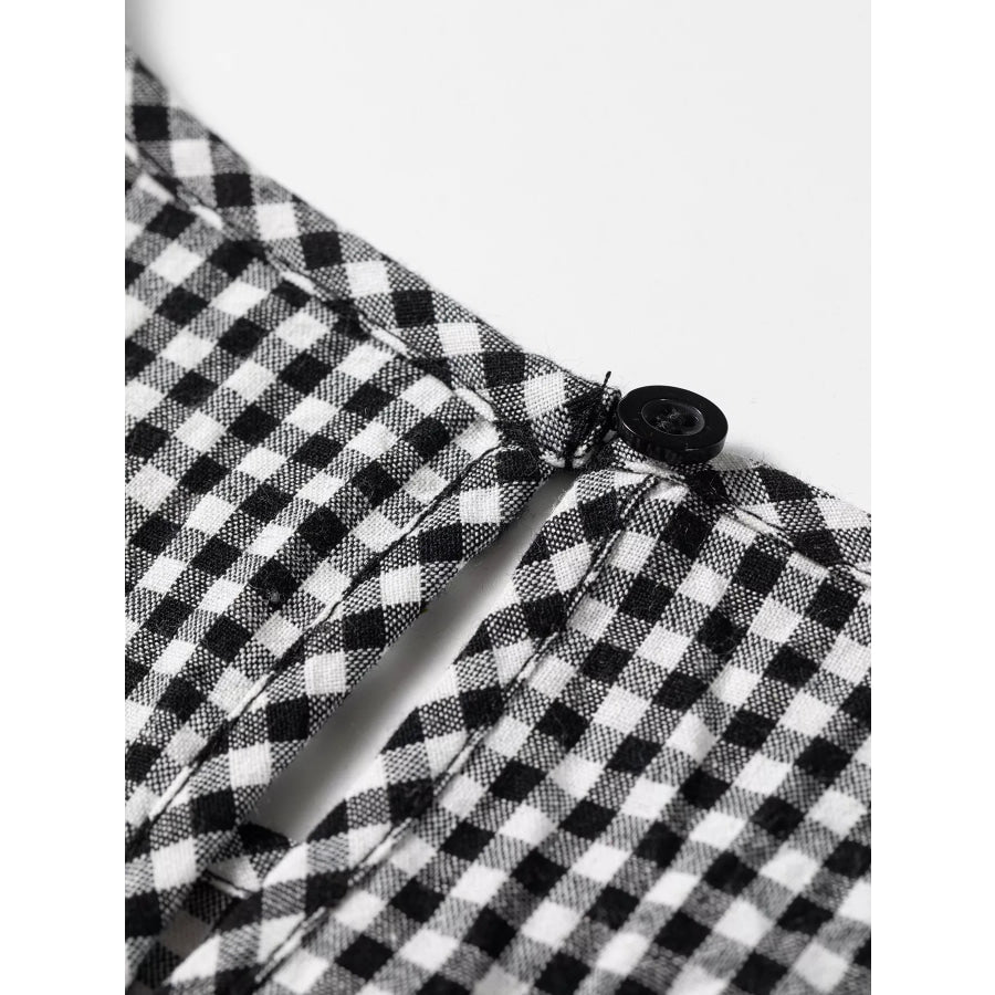 Plaid Shirred Cuff Long Sleeve Round Neck Blouse Apparel and Accessories