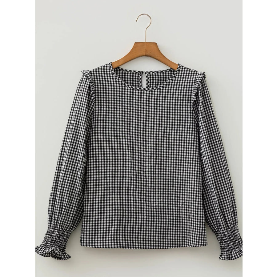 Plaid Shirred Cuff Long Sleeve Round Neck Blouse Apparel and Accessories