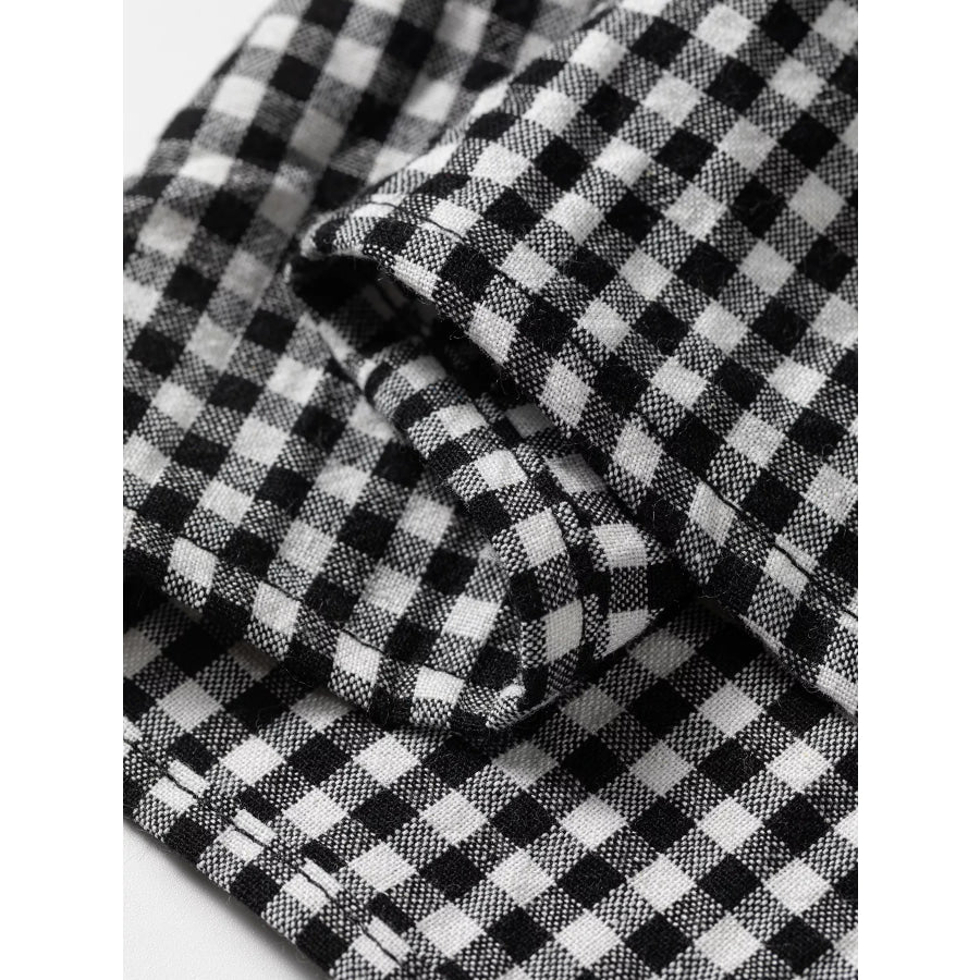 Plaid Shirred Cuff Long Sleeve Round Neck Blouse Apparel and Accessories