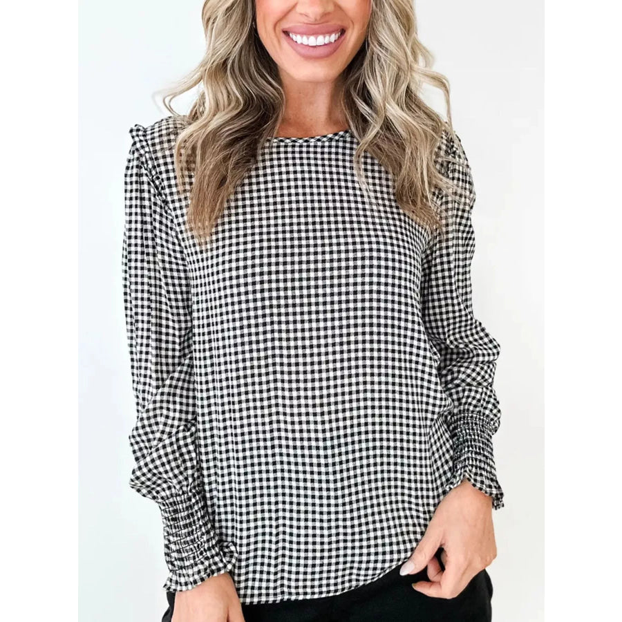 Plaid Shirred Cuff Long Sleeve Round Neck Blouse Apparel and Accessories